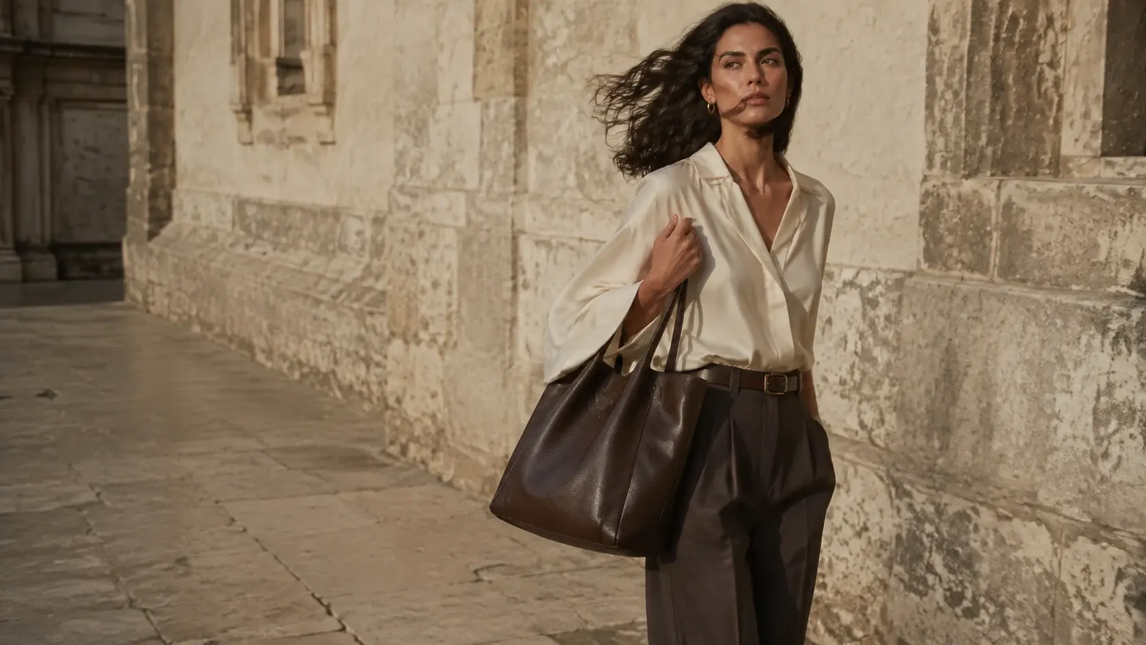A woman carries a chocolate leather tote along a sunlit stone street