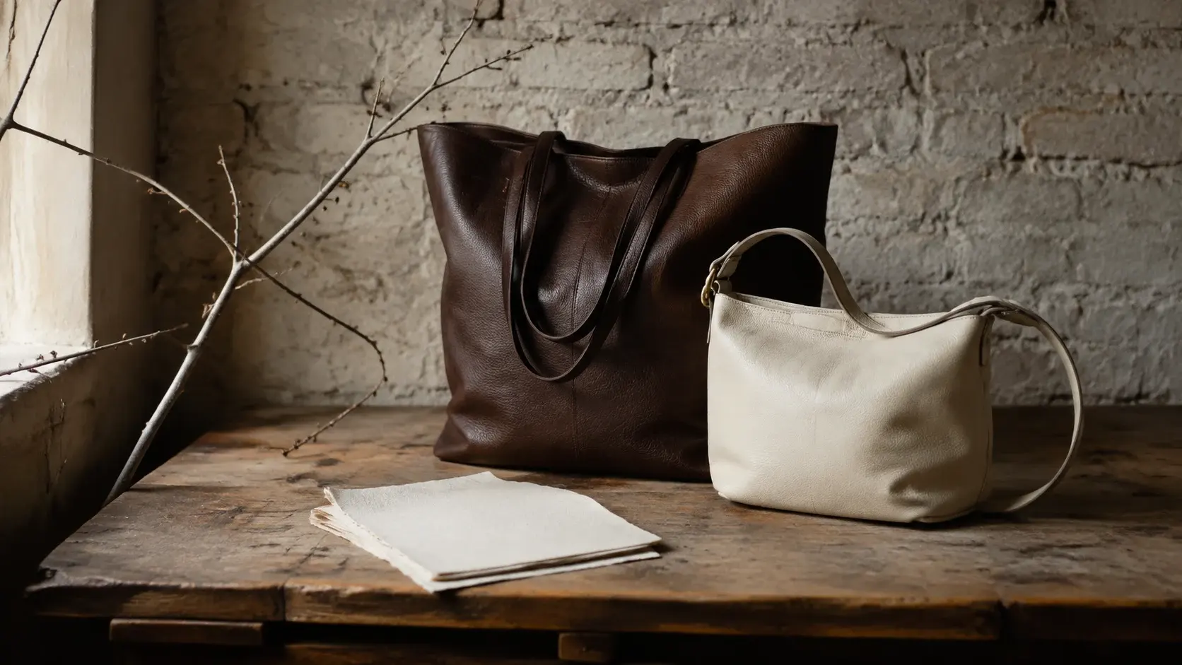 Chocolate and ivory leather bags on a wooden studio table